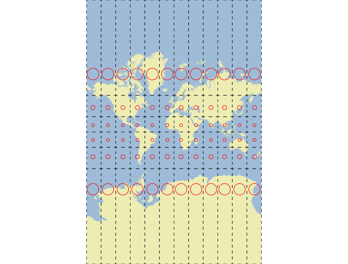 Mercator map projection with Tissot's Indicatrices in red. Pickell, CC-BY-SA-4.0.